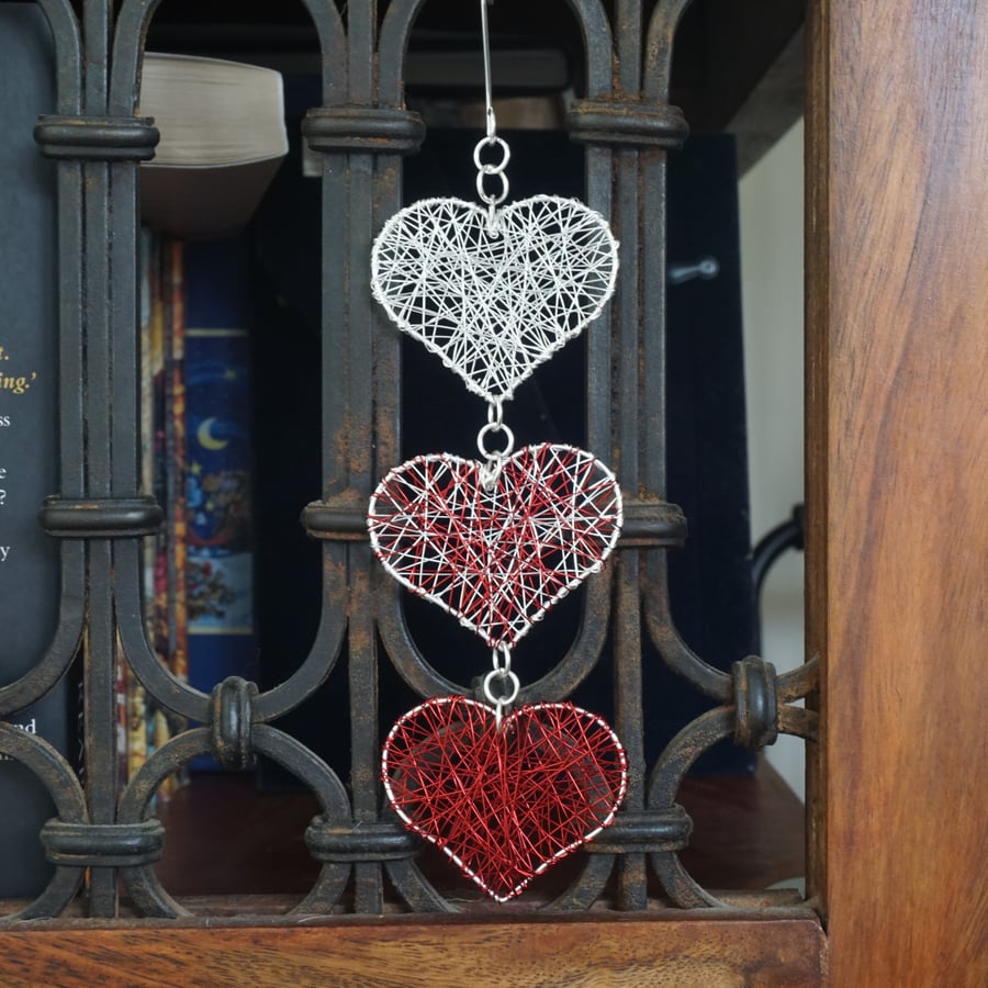 Chain of Wire Wrapped Hearts - Silver & Red