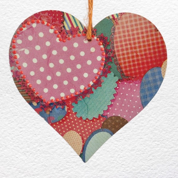 Decoupaged Wooden Hanging Heart 15cm (6"): Patchwork Hearts design