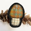 Upcycled plaid tweed mushroom fungi brooch pin or badge. 
