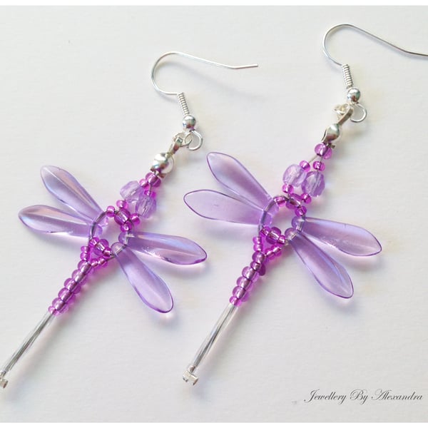 Beaded Dragonflies Earrings – Lilac and White