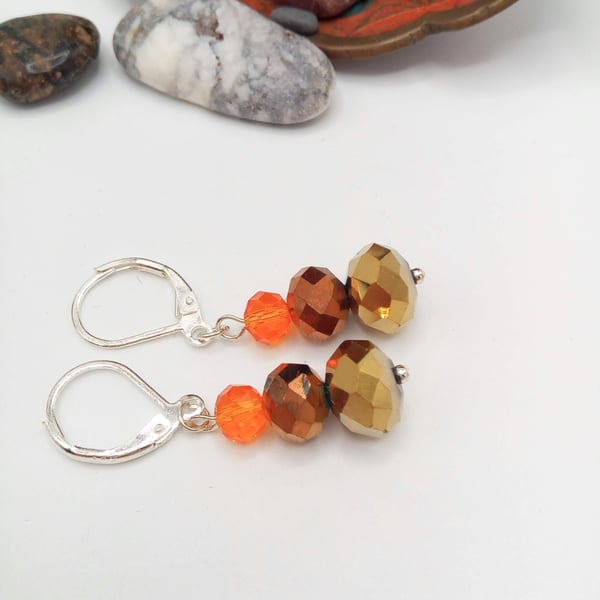 Gold Copper and Orange Coloured Crystal Rondelle Bead Earrings, Gift for Her