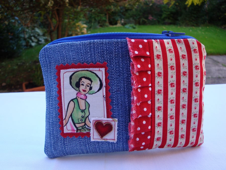 SALE Recycled Denim Zipper Purse appliqued Folksy