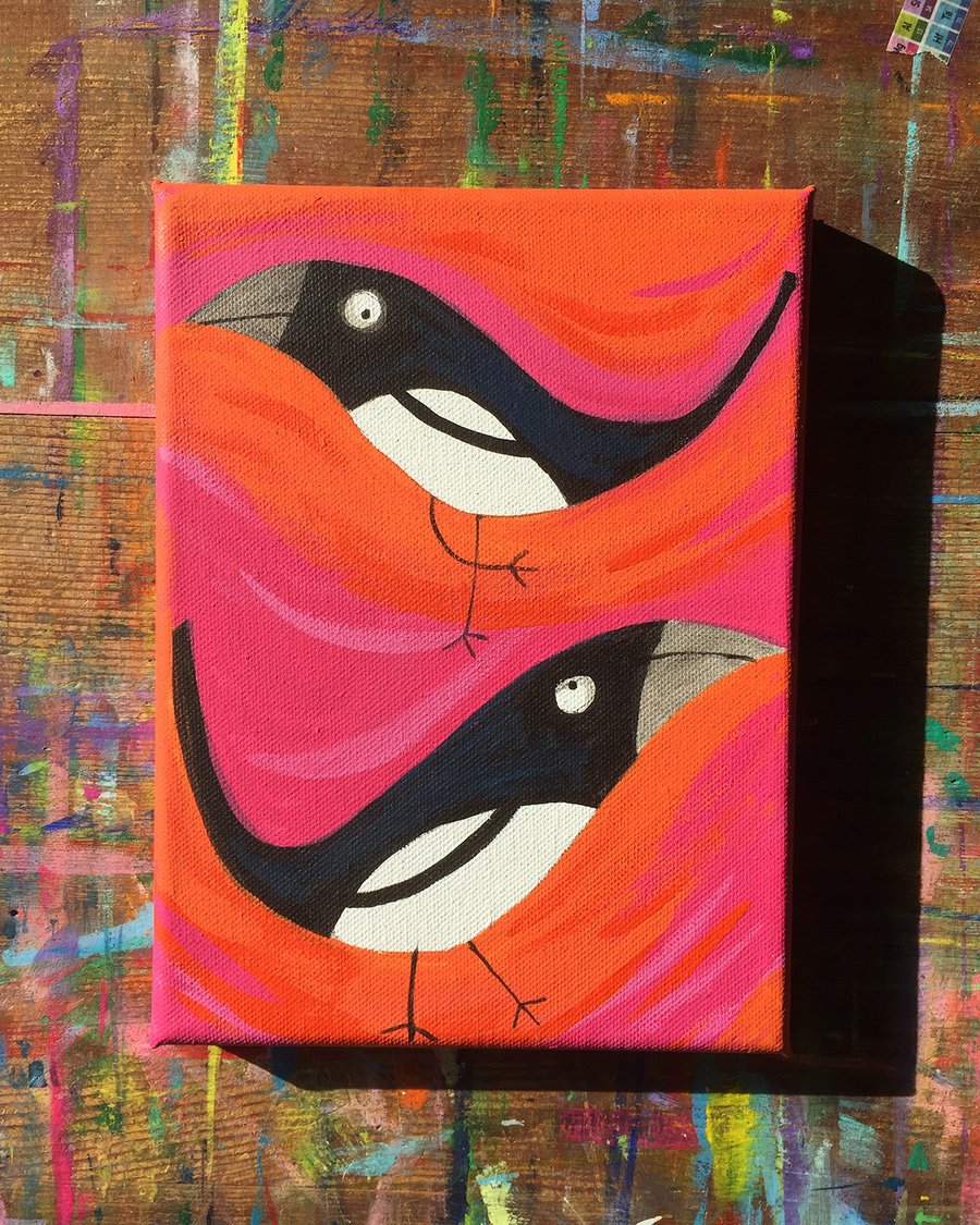 Magpies pink and orange- original small acrylic painting by Jo Brown
