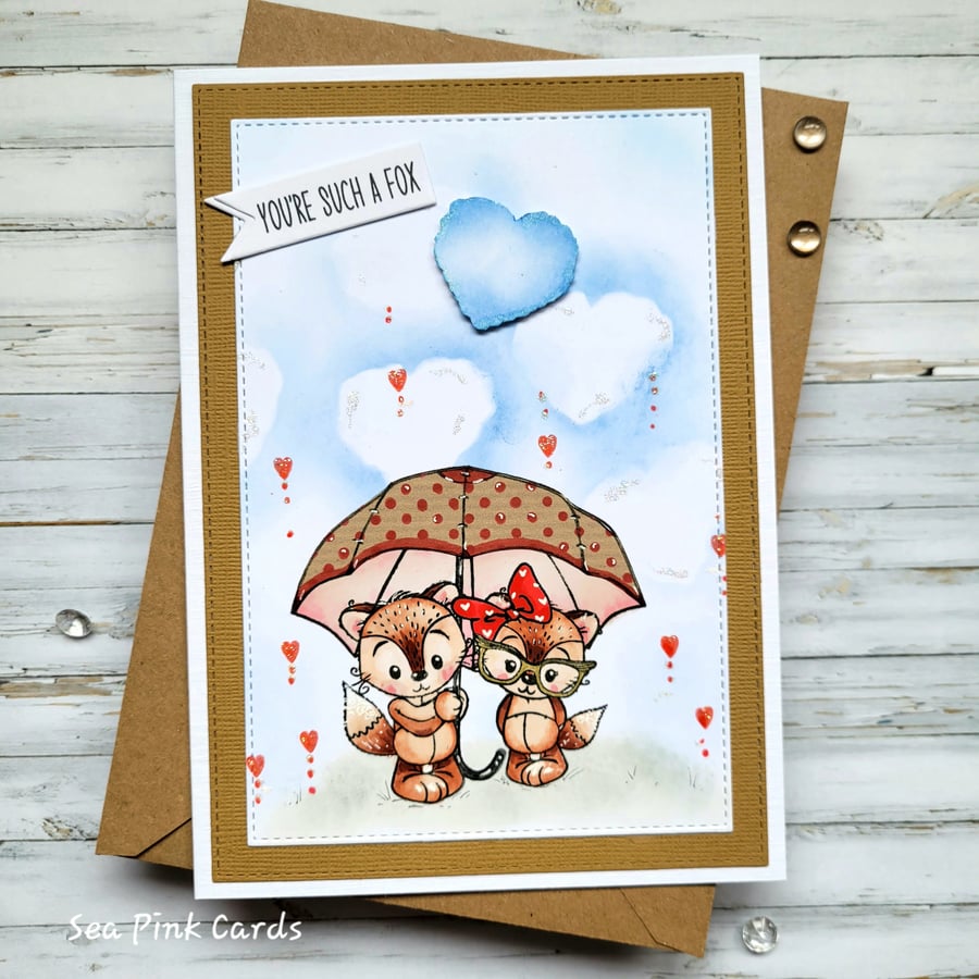 Fox Valentine Card - handcrafted, textured, foxes, anniversary, birthday card