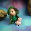 Tiny Gnome Pig-keeper with Piglet Pig OOAK Sculpt by Ann Galvin Gnome Village