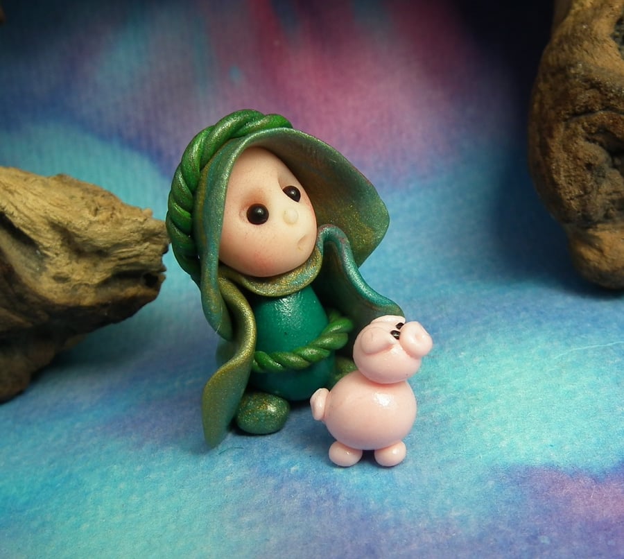 Tiny Gnome Pig-keeper with Piglet Pig OOAK Sculpt by Ann Galvin Gnome Village