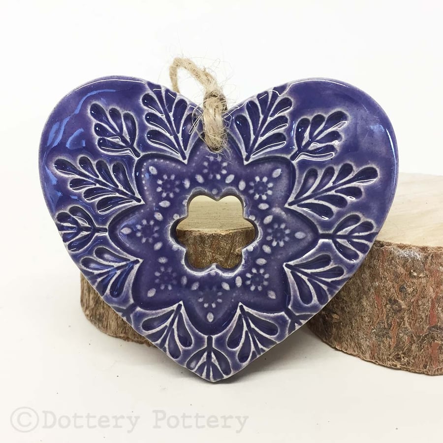 Ceramic heart hanging decoration Pottery Heart Folk art love heart PURPLE