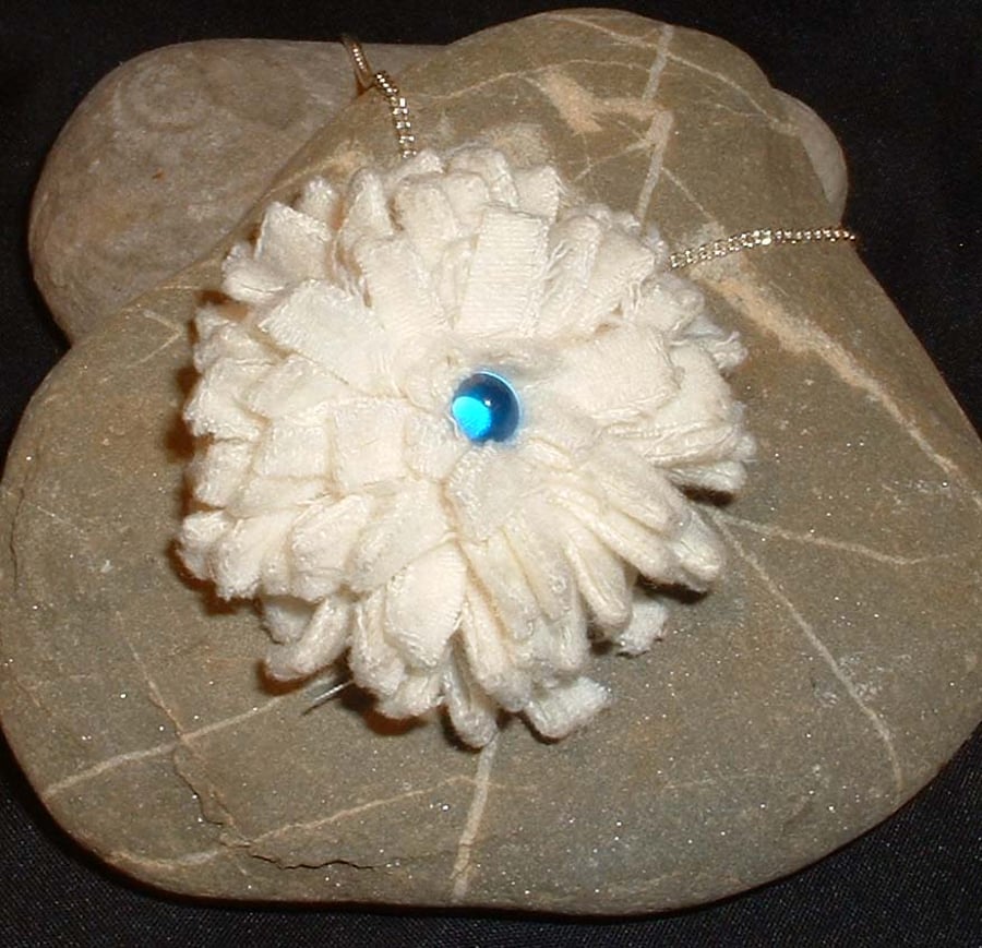 Hand made frayed fabric flower necklace - cream & blue
