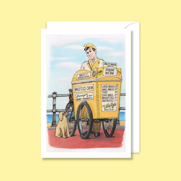 Seaside Greeting Card: Pencil Illustration of an Ice Cream Man and a Dog (810)