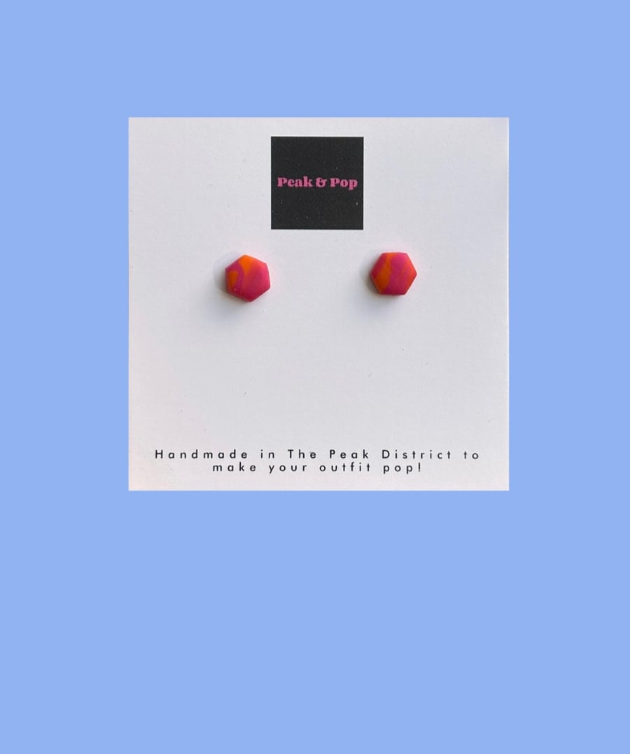 Bright Hexagon Stud Earrings – Orange & Pink Polymer Clay Statement Jewellery
