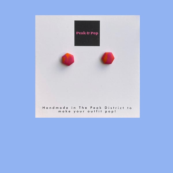 Bright Hexagon Stud Earrings – Orange & Pink Polymer Clay Statement Jewellery