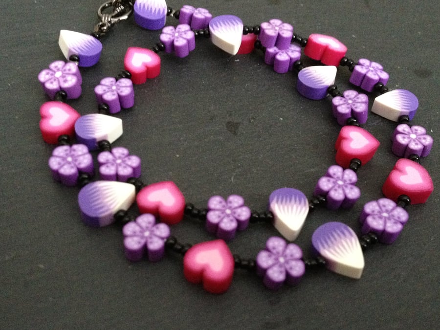 Purple Petals Kitsch Polymer Clay Necklace 18 inch