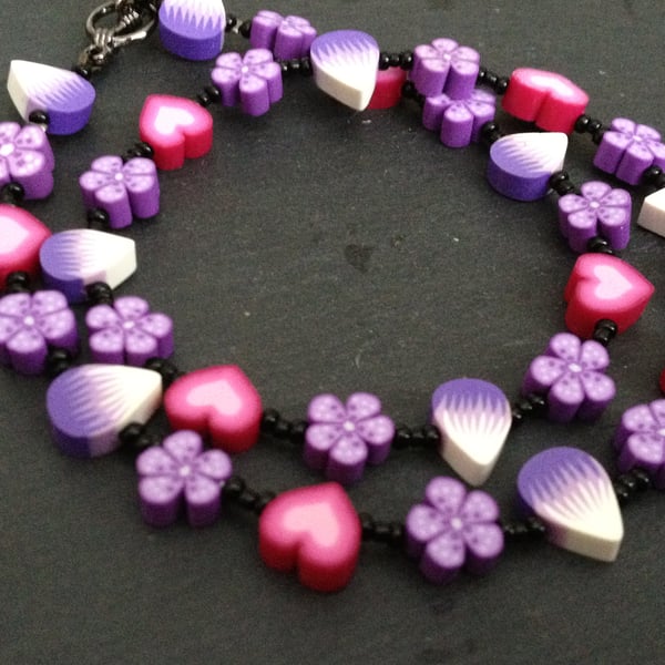 Purple Petals Kitsch Polymer Clay Necklace 18 inch