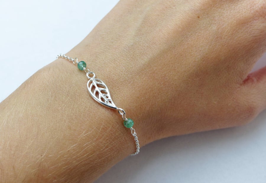 Zambian emerald and sterling silver leaf charm bracelet, May birthstone gift