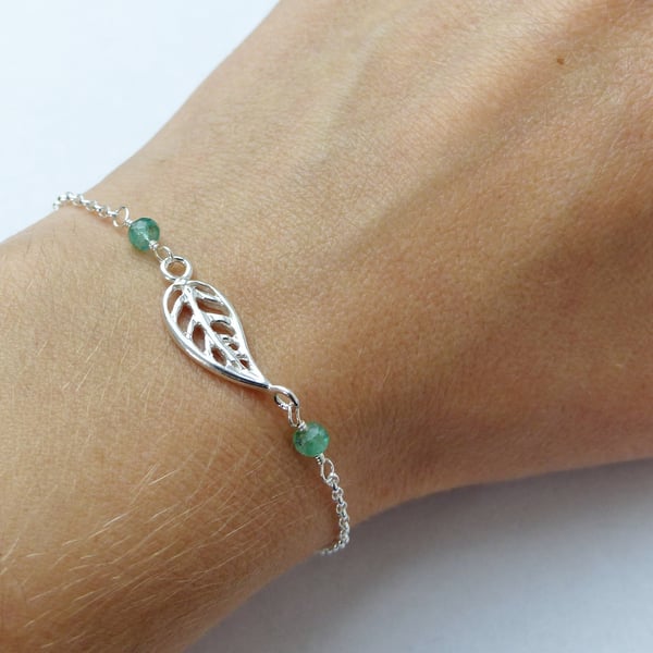 Zambian emerald and sterling silver leaf charm bracelet, May birthstone gift
