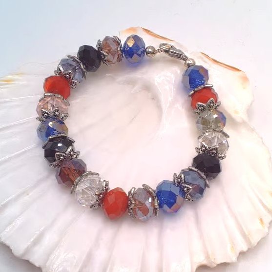 Multi Coloured Crystal Bracelet with Silver Plated Bead Caps, Gift for Her