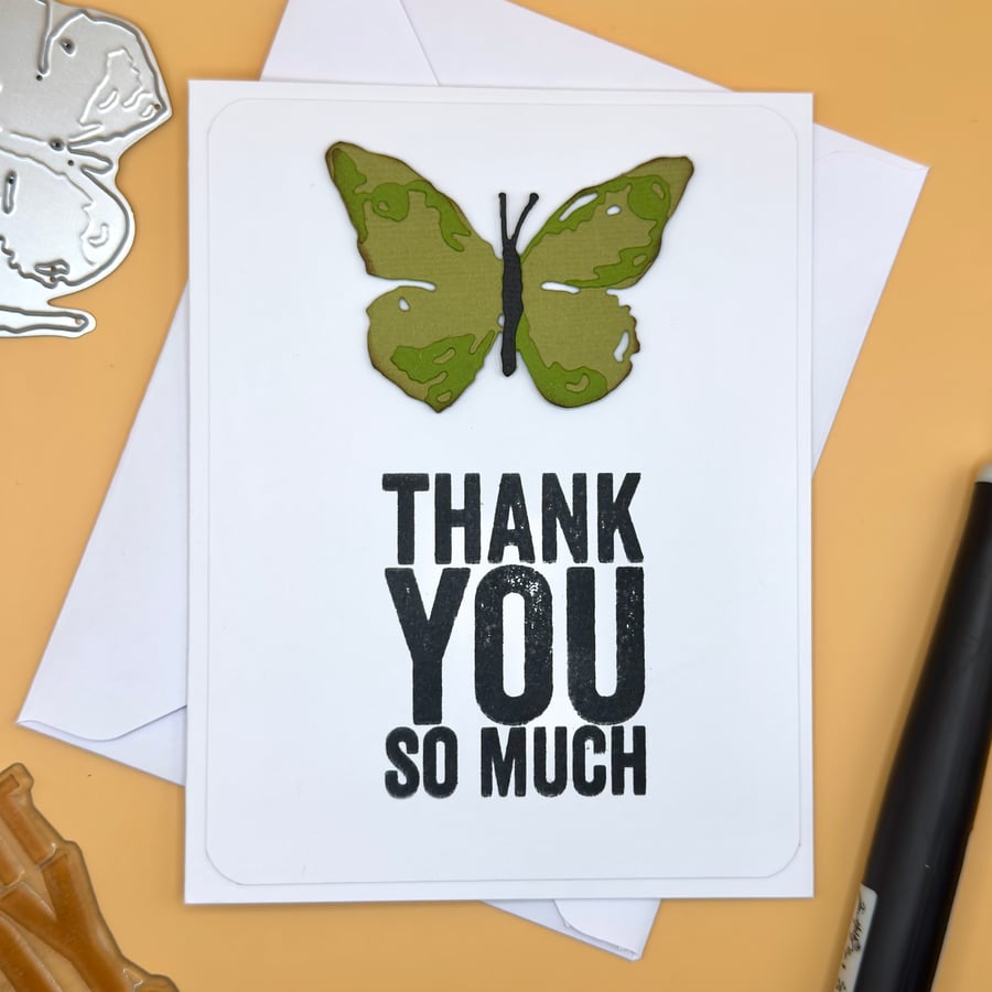 Handmade Thank You Card, Green Butterfly “Thank You So Much” Nature Inspired, A2