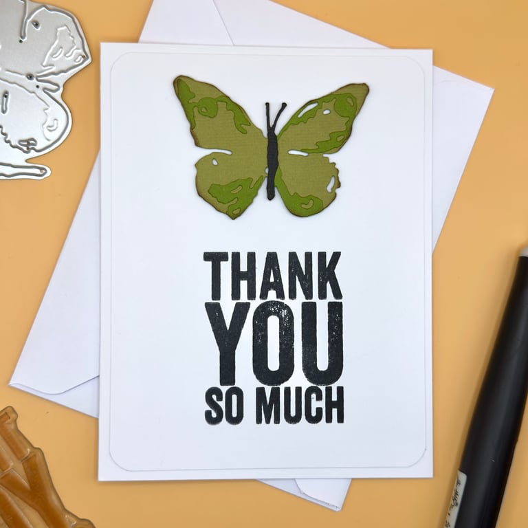 Handmade Thank You Card, Green Butterfly “Thank You So Much” Nature Inspired, A2