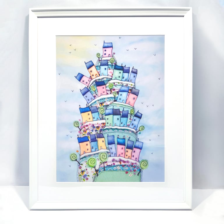 Whimsical Colourful Houses Art Print - print only or framed print
