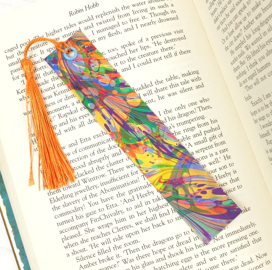 Rainbow marbled paper bookmark slight second