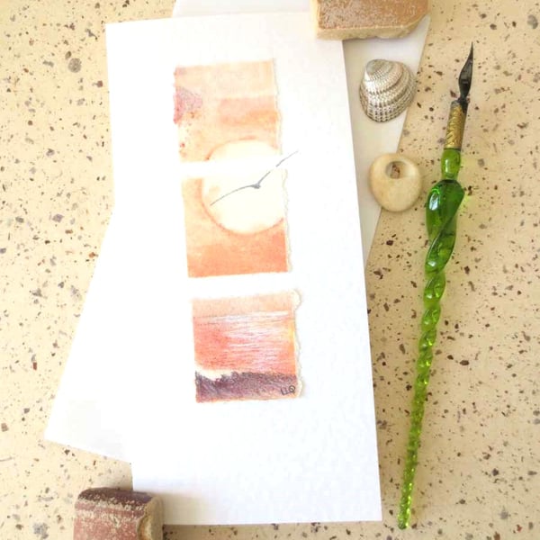 Hand painted and drawn blank art greeting card ooak design coastal sunset