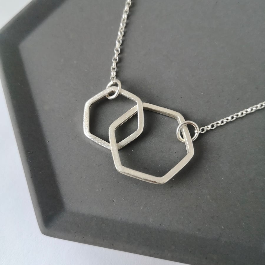 Silver double hexagon necklace