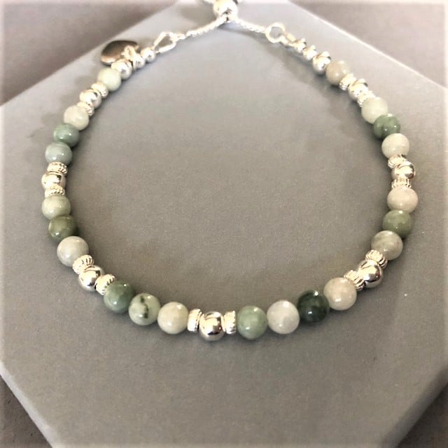 Green Jade  Heart Charm Noodle Bracelet, Sterling Silver Slider Clasp Bracelet