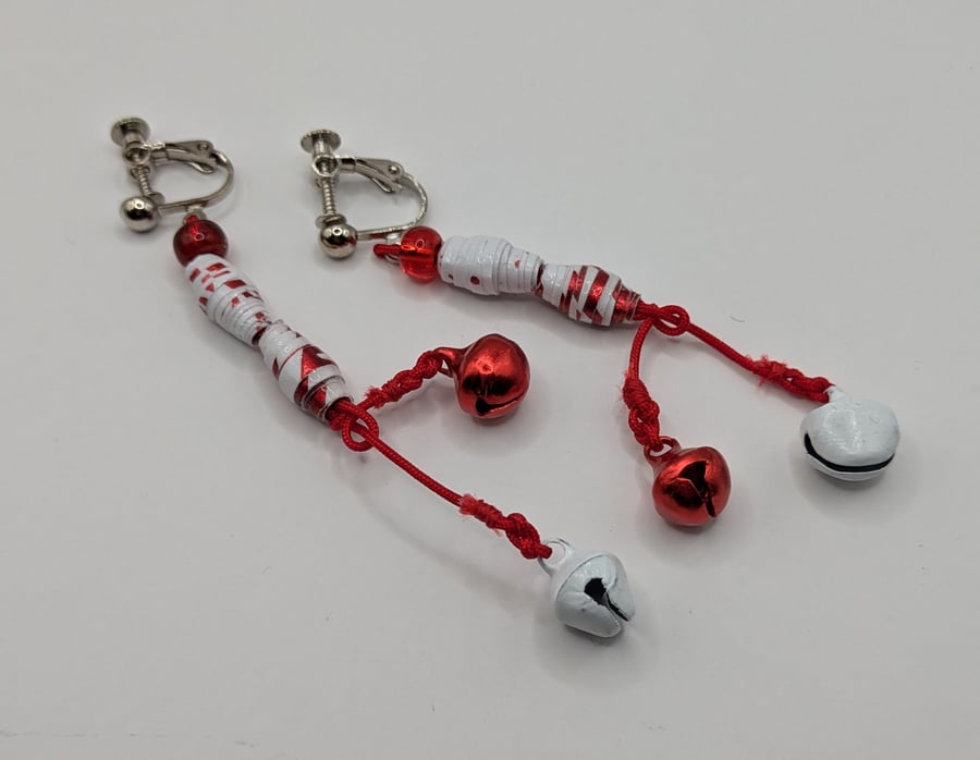 Red and White Paper Bead Christmas Dangly Clip On Double Bell Earrings 