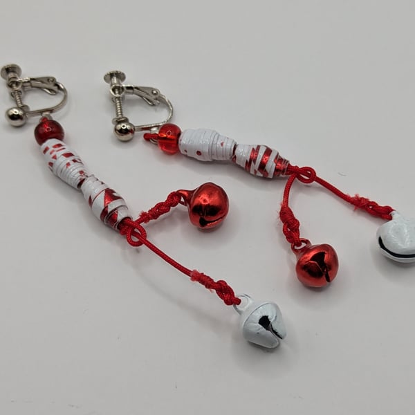 Red and White Paper Bead Christmas Dangly Clip On Double Bell Earrings 