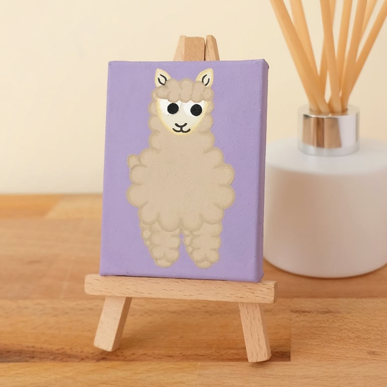 Alpaca Miniature Painting - cute animal art on purple mini canvas, alpaca gift