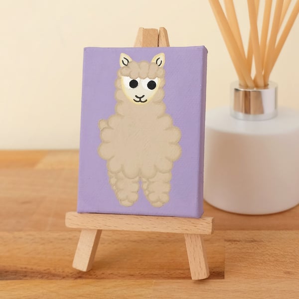 Alpaca Miniature Painting - cute animal art on purple mini canvas, alpaca gift