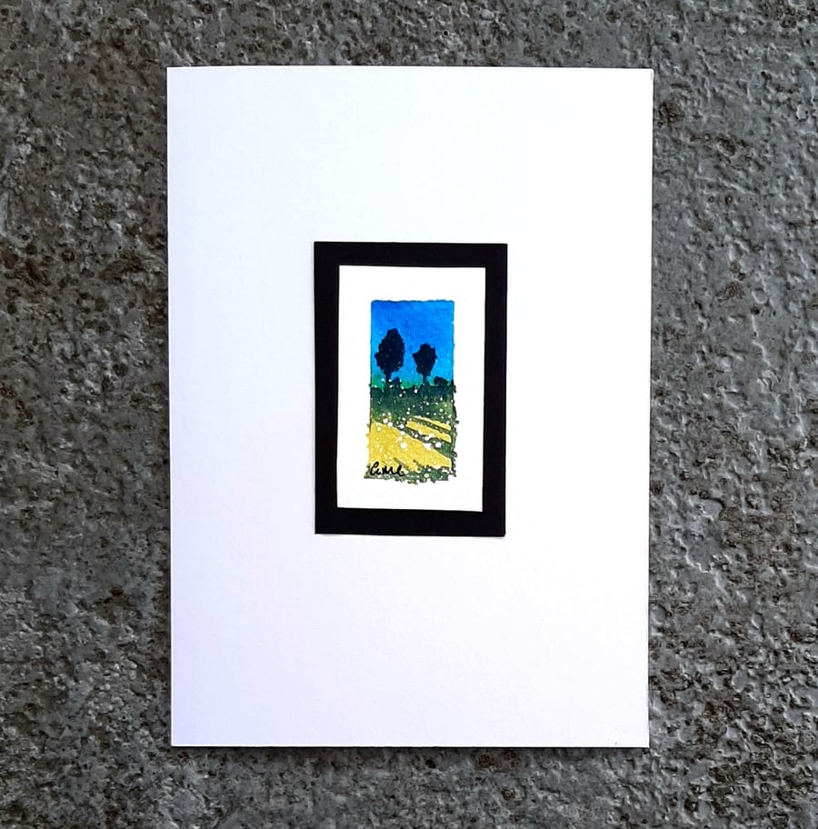Miniature Landscape  Small Painting Of Summer Fields And Trees. Frame Ready