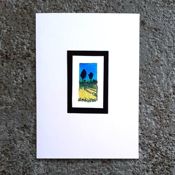 Miniature Landscape  Small Painting Of Summer Fields And Trees. Frame Ready
