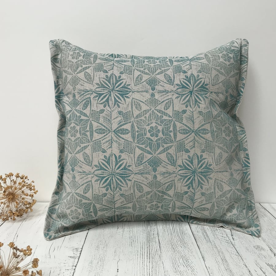 Hand Printed Linen Square Cushion  - ASTA - Soft Teal