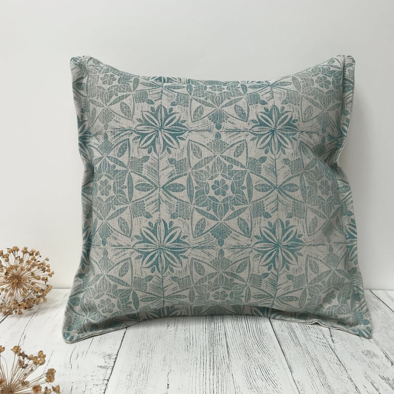 Hand Printed Linen Square Cushion  - ASTA - Soft Teal