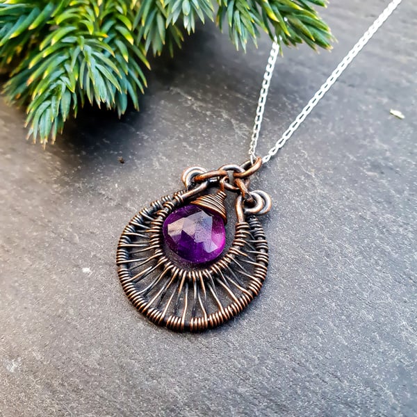 Amethyst and Antiqued Copper Wirework Pendant