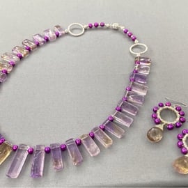 Elegant Ametrine & Purple Cultured Pearl Graduated Collar Necklace and Earrings