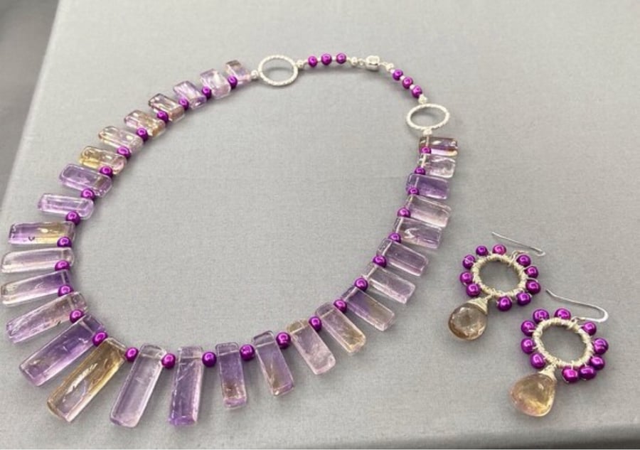 Elegant Ametrine & Purple Cultured Pearl Graduated Collar Necklace and Earrings