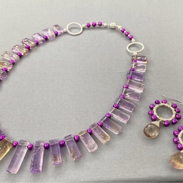 Elegant Ametrine & Purple Cultured Pearl Graduated Collar Necklace and Earrings