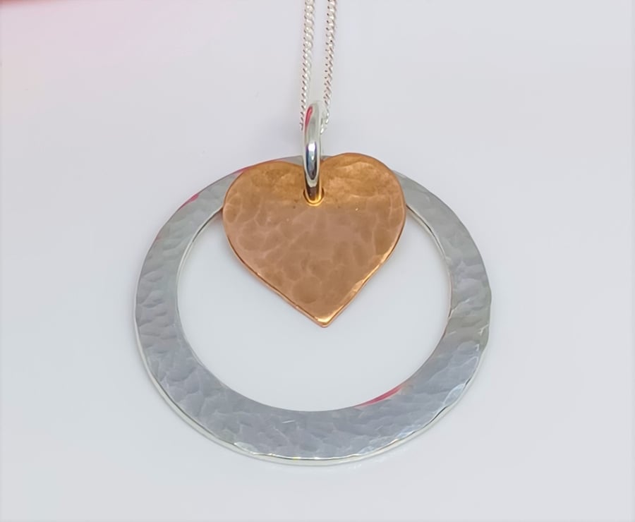 Hammered Copper Heart and Hammered Sterling Silver Washer Hoop Pendant, Copper a