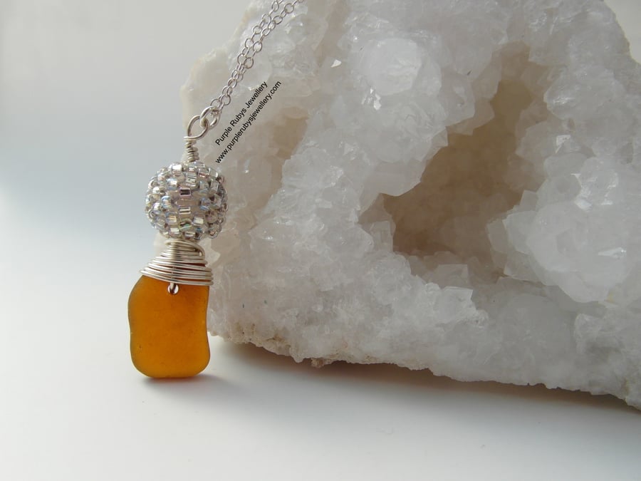 Cornish Sea Glass in Amber with Silver Woven Bead Necklace, Sterling Silver N479