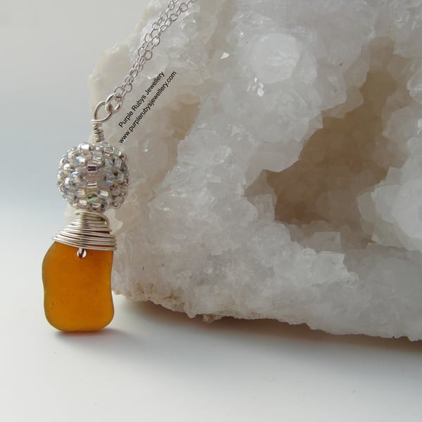 Cornish Sea Glass in Amber with Silver Woven Bead Necklace, Sterling Silver N479