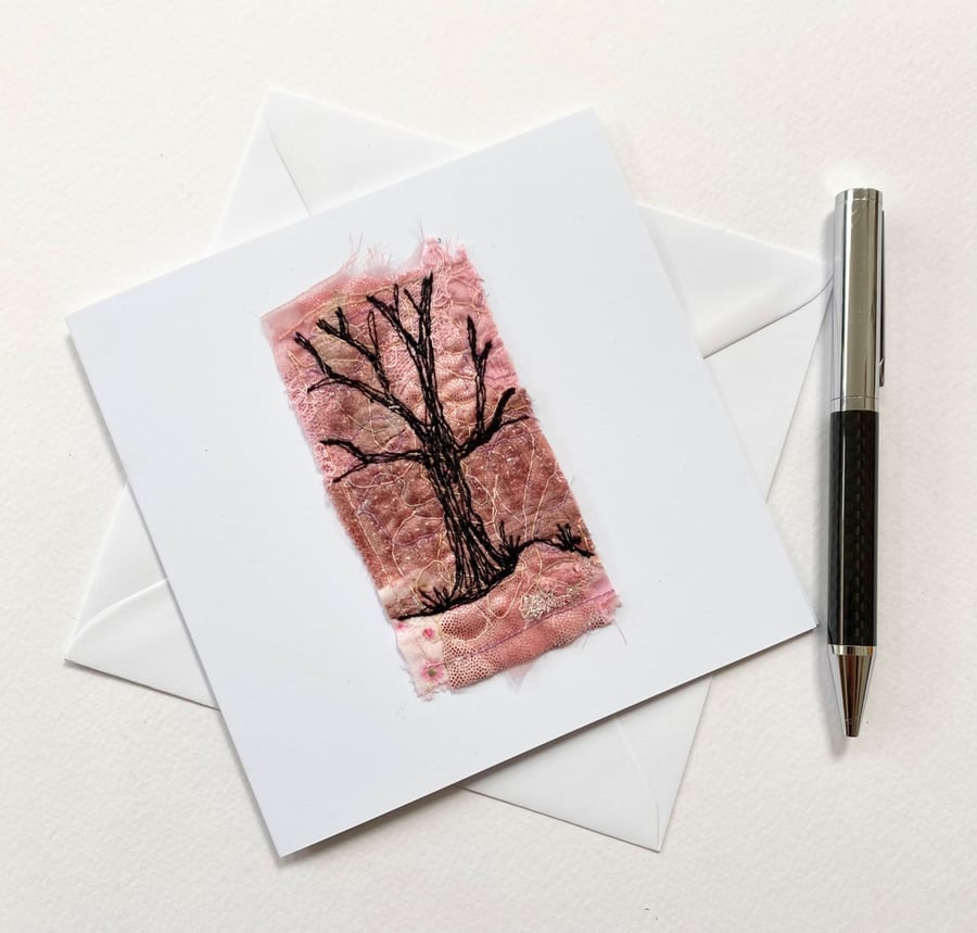 Tree silhouette upcycled embroidered card. Birthday card. Special card. 