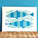 2 fish folk art painting in blue and grey, A3 original acrylic unique gift  