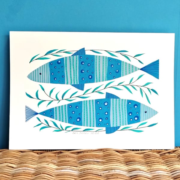 2 fish folk art painting in blue and grey, A3 original acrylic unique gift  
