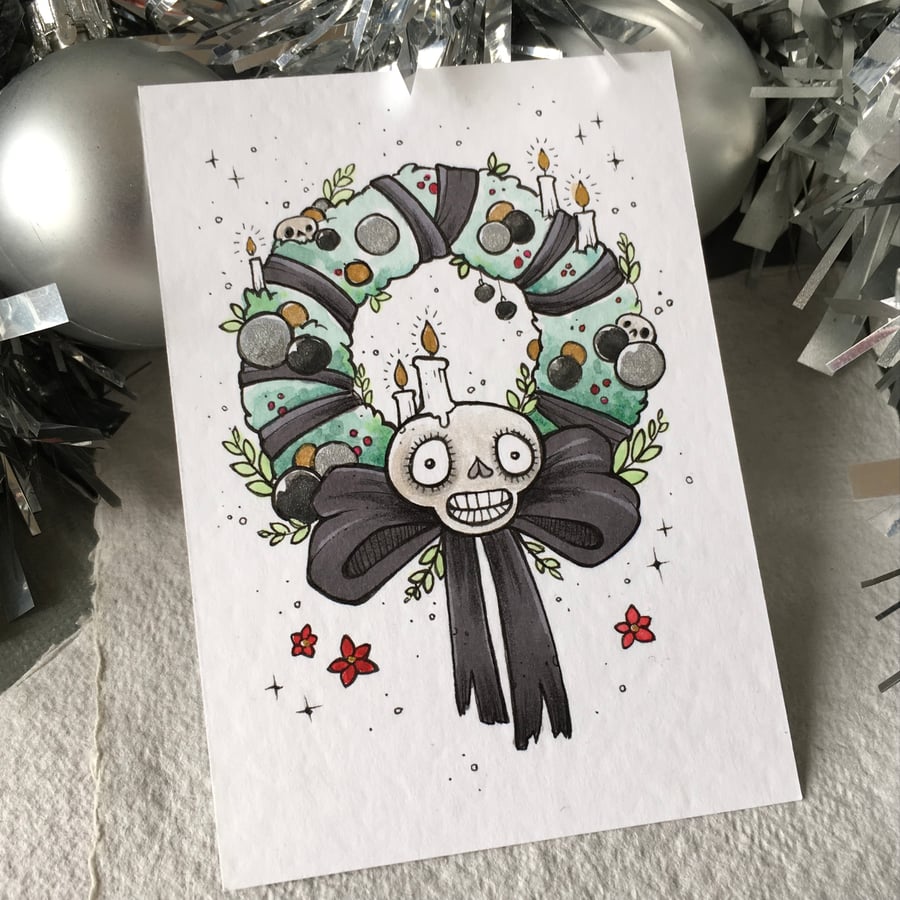 festive skull wreath - original aceo