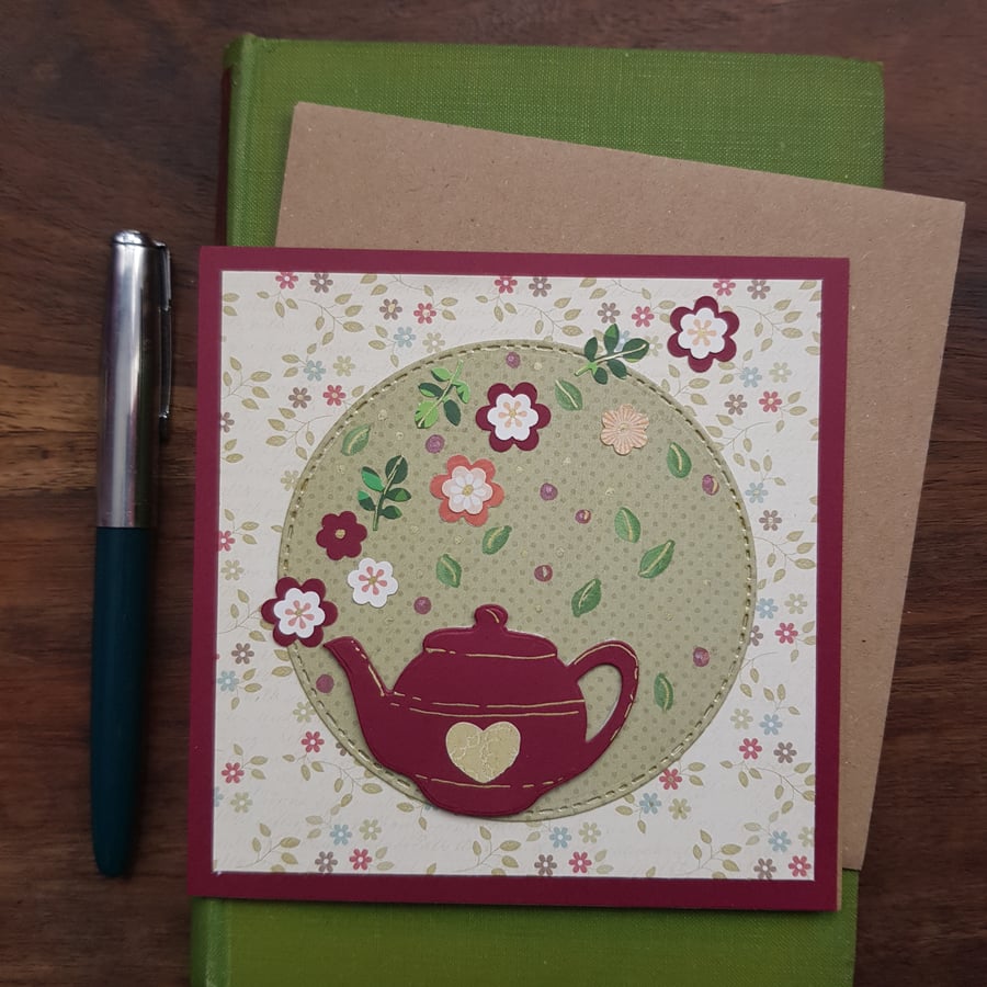 Handmade, blank card with Dark Red Teapot, flowers and leaves. keepsake