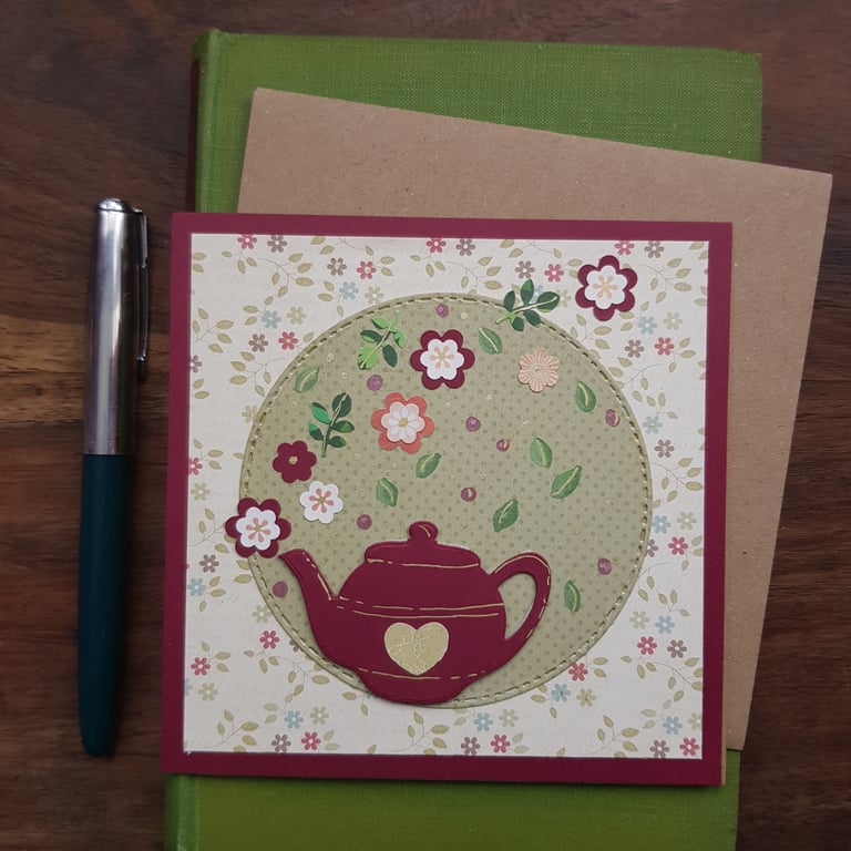 Handmade, blank card with Dark Red Teapot, flowers and leaves. keepsake