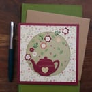 Handmade, blank card with Dark Red Teapot, flowers and leaves. keepsake
