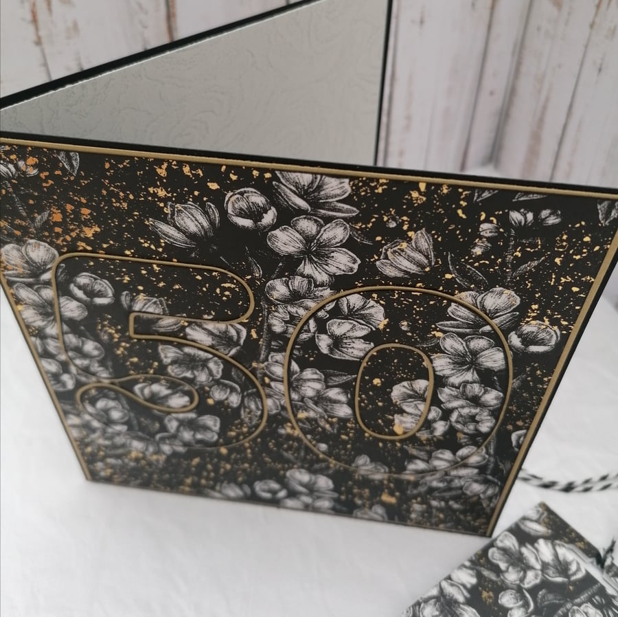 50th Birthday Card. Black, white and gold floral 